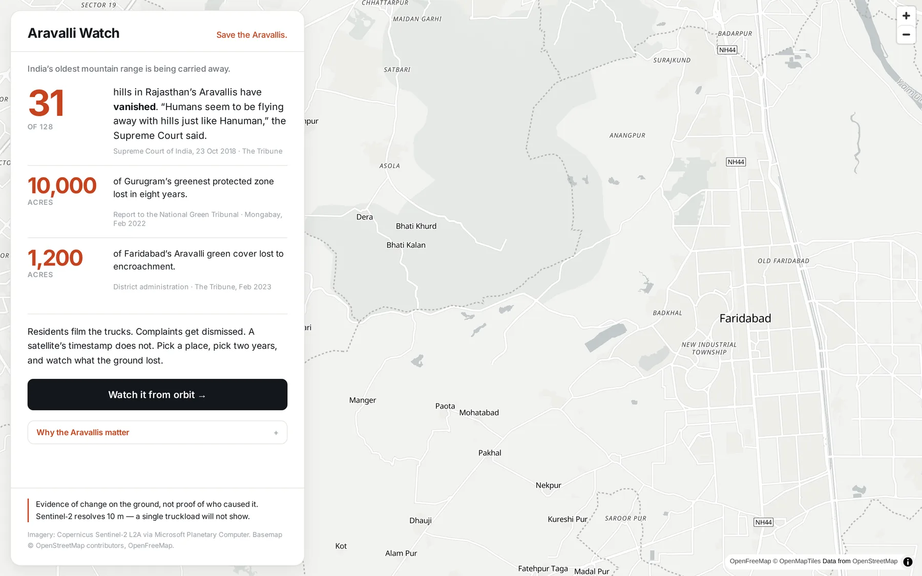 Aravalli Watch opening screen: sourced figures on lost hills beside a map of the range near Faridabad.